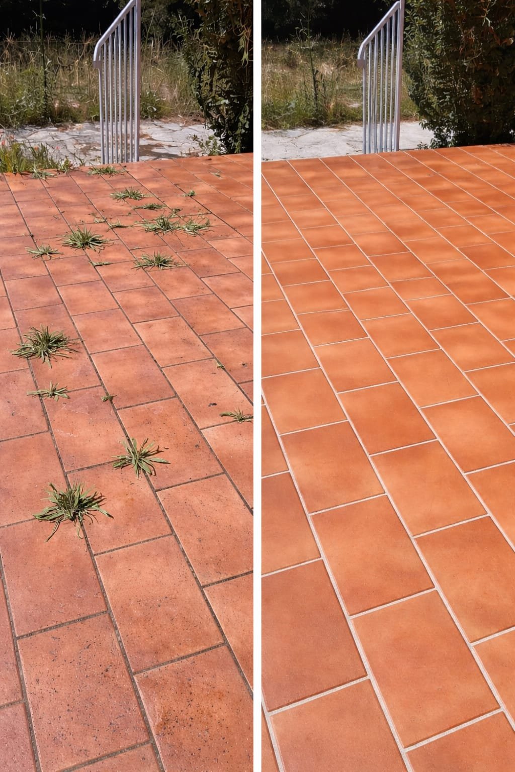 Avant/après : désherbage et nettoyage d'une terrasse en terre cuite