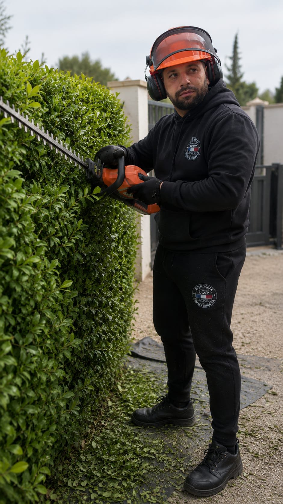 Diego, jardinier partenaire de Crystal Clean Services, taillant une haie avec un équipement de protection complet